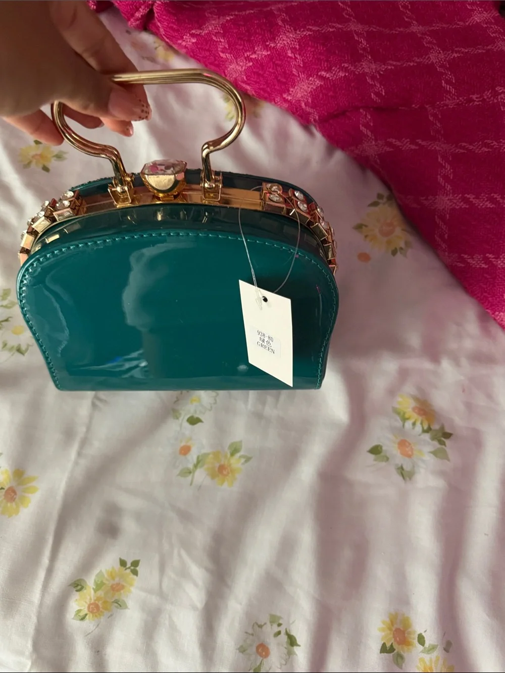 Gold-Trim Teal Jeweled Evening Clutch by